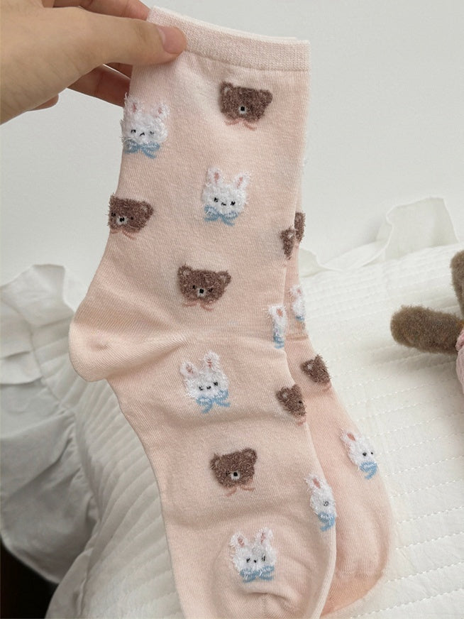 Milk White/Light Pink/Light Coffee/Black Sweet Bunny Bear Bowknot Calf Socks