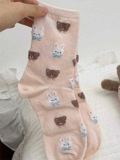 Milk White/Light Pink/Light Coffee/Black Sweet Bunny Bear Bowknot Calf Socks
