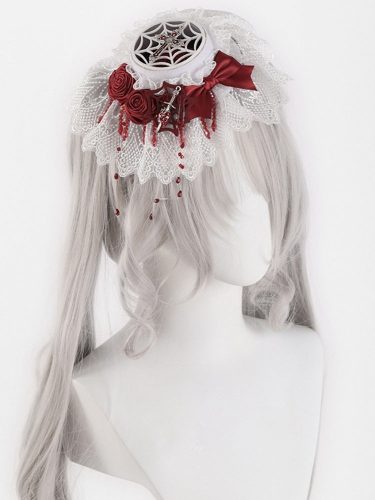 Gothic Cross and Sword White and Red Rosettes Bowknot Mini Flat Hat with Beads