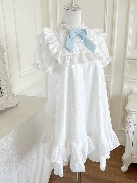 White Ruffle Neckline Lace Trim Puff Sleeves Dress with Blue Bowtie and Waist Belt
