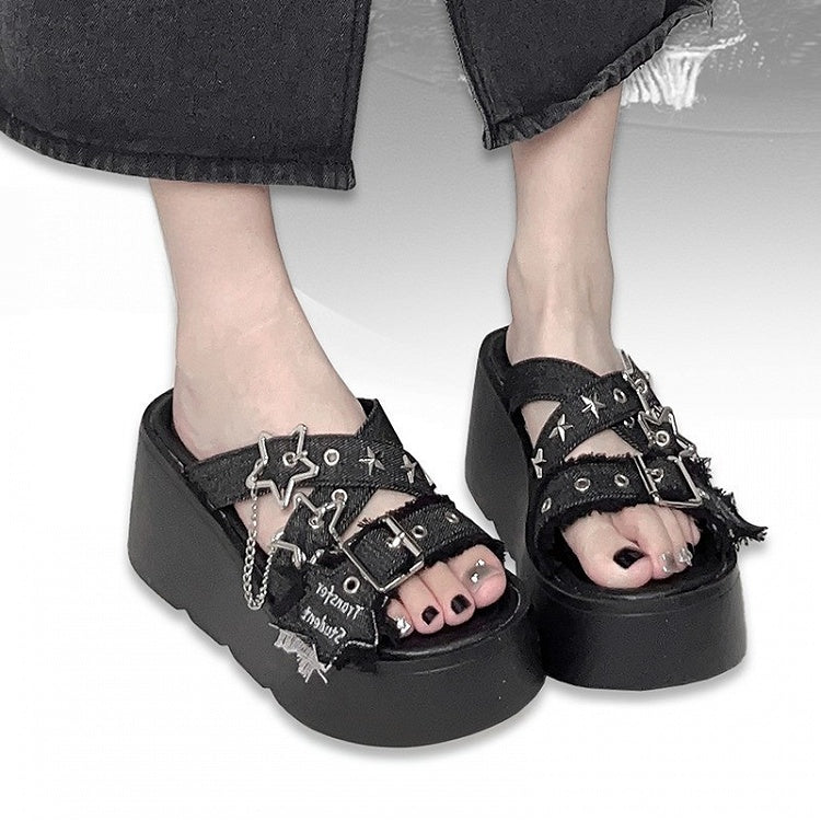 Star-shaped Buckles and Studs Black Denim Punk Platform Slippers