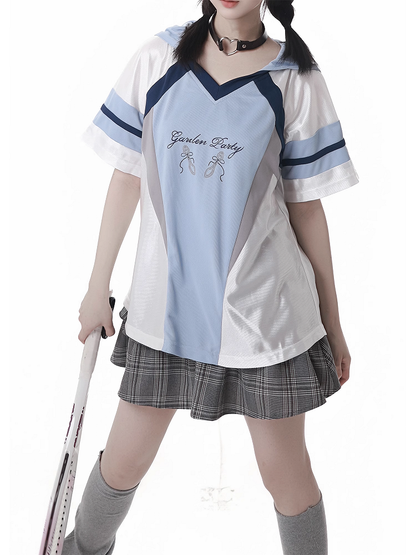 Blue Colorblock Design V-neck Blokette Core Hooded T-shirt