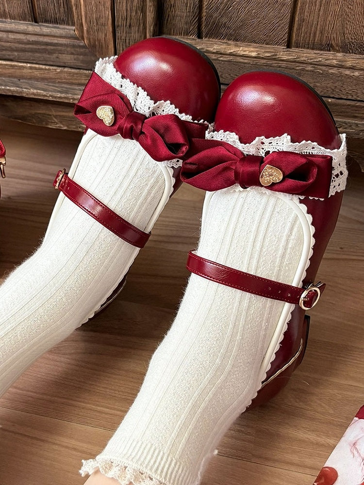 Romantic Heart Bow, Lace Trim & Scalloped Trim Details Red Low-heel Shoes in Classic Lolita