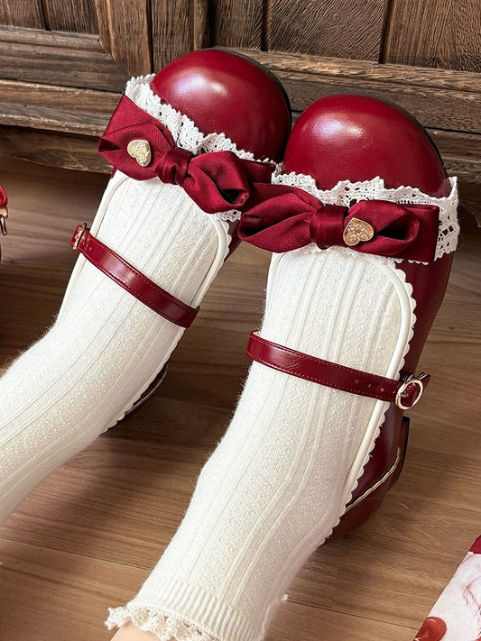Romantic Heart Bow, Lace Trim & Scalloped Trim Details Red Low-heel Shoes in Classic Lolita