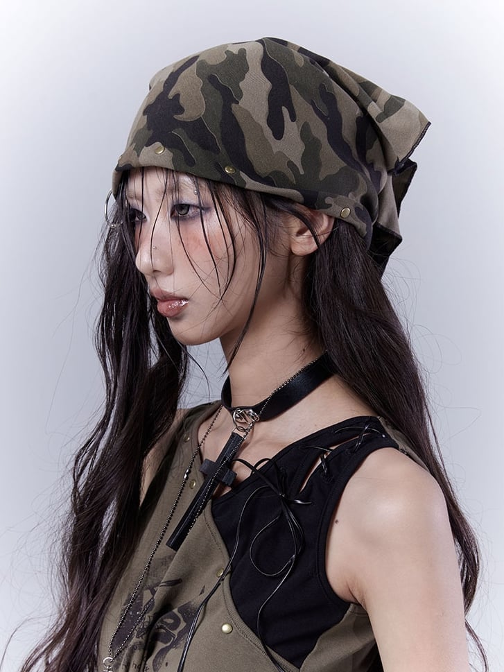 Camouflage Wasteland Punk Distressed Studded Triangle Scarf