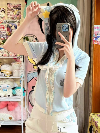 Light Blue Tenshi Kaiwai Cat Print Diamond Pattern Bear Ear Hoodie T-shirt