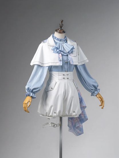 Blue and White Prince Ouji Lolita Outfit - Blue Shirt + White Cape + White High Waist Shorts