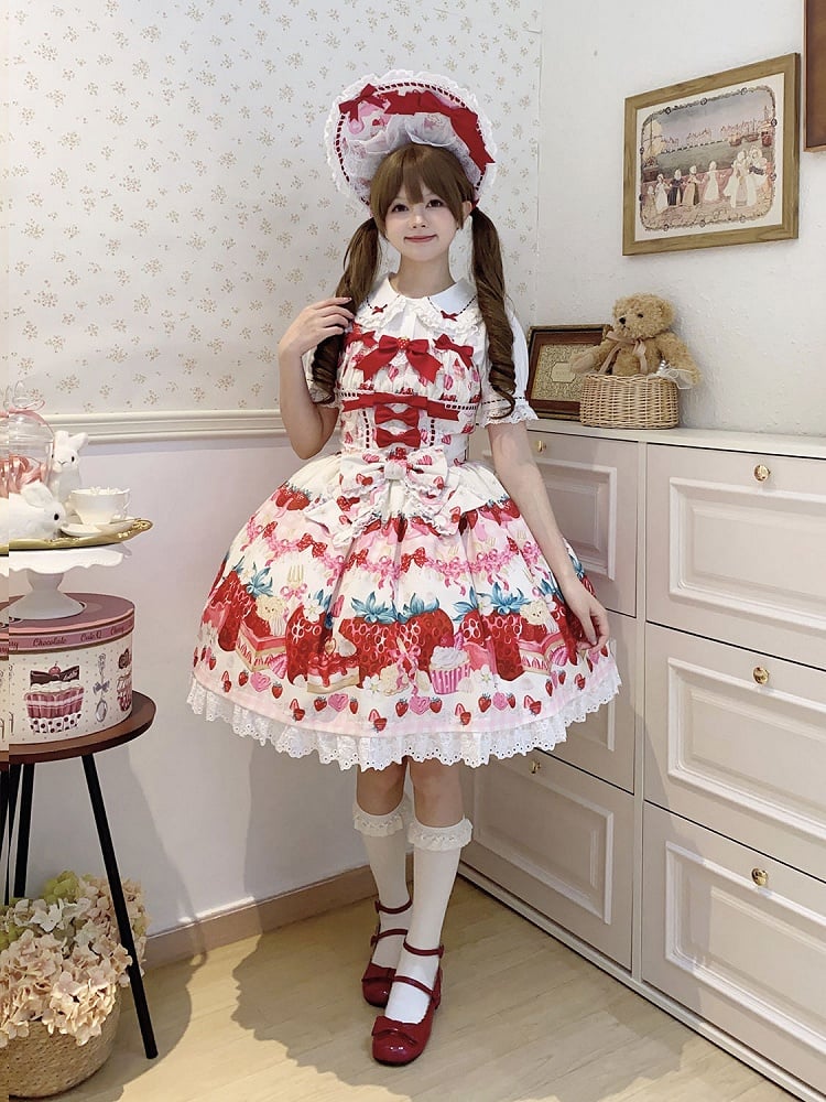 Strawberry and Dessert Print White Sweet Lolita Dress