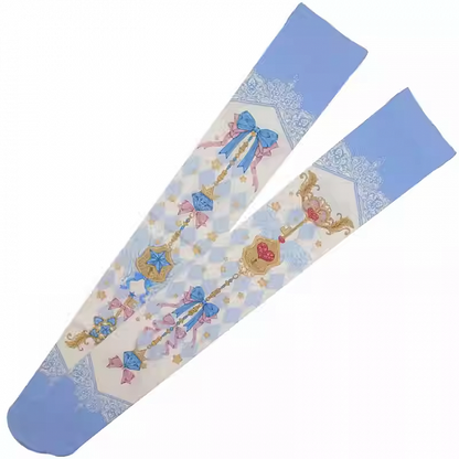 Yume Kawaii Blue Diamond Pattern Bow Print Sweet Lolita Over Knee Stockings