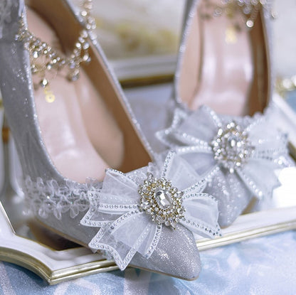 Silver Rhinestone Bowknot Detachable Beaded Chain Glittering 6CM/8CM Hime Lolita Heels