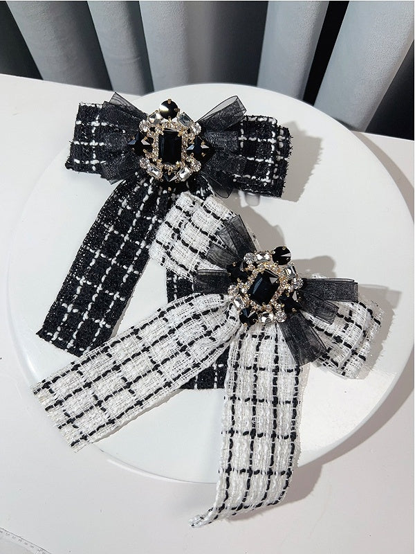 Black/White Rhinestone Decorated Plaid Pattern Bow Tie