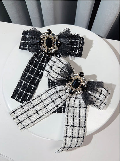 Black/White Rhinestone Decorated Plaid Pattern Bow Tie