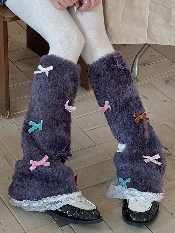 White/Purple/Camel/Light Grey Sweet Bowknot Lace Trim Leg Warmers