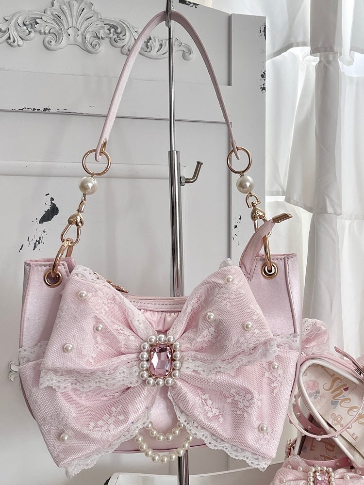 Satin Pink Sweet Lolita Underarm Bag - Large Lace Bow with Crystal & Beads Embellishments