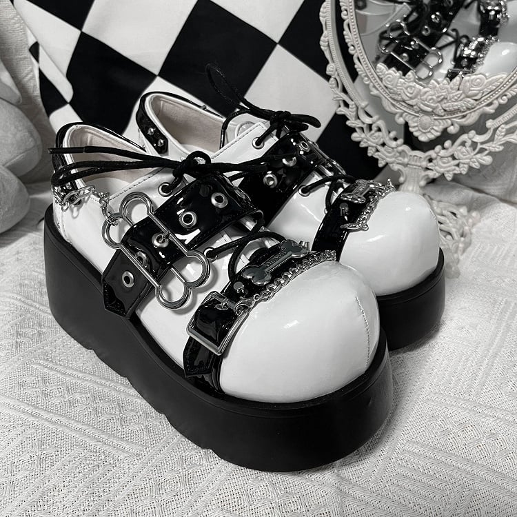 Jirai Kei Polished White&Black Y2K Bone Design Buckle Strap Platform Shoes