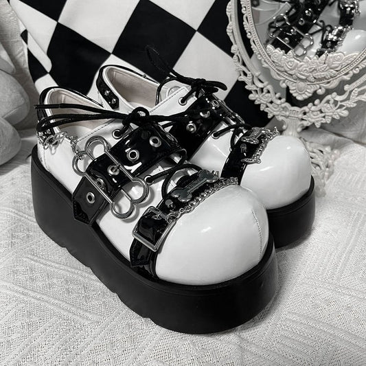 Jirai Kei Polished White&Black Y2K Bone Design Buckle Strap Platform Shoes