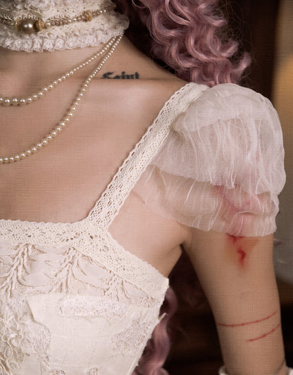 Romantic Goth Pink Bows Heart Cutout Light Cream Summer Slip Dress