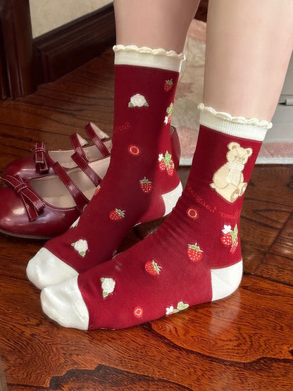 Red/Purple/Black Bear Bunny Strawberry Print Lolita Calf Socks