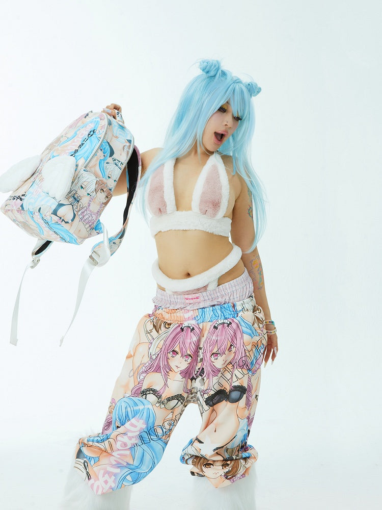 Colorful Cartoon Print PU Backpack with Angel Wings