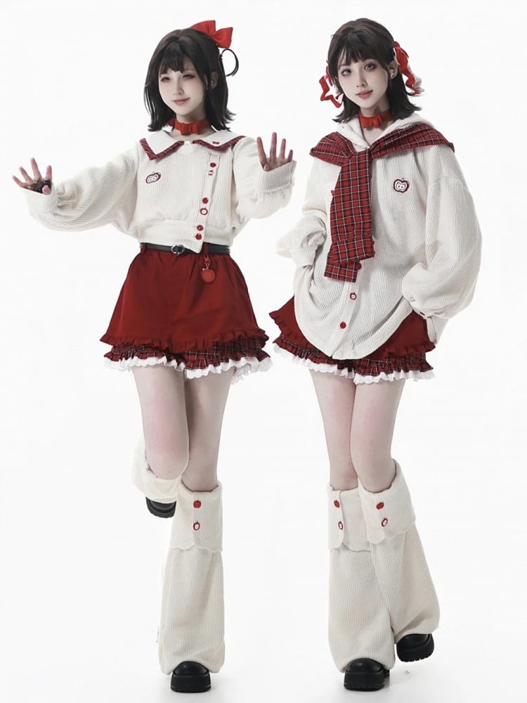 Regular/Thicken White Knit Crop Sweatshirt with Red Plaid Collar and Apple Embroidery