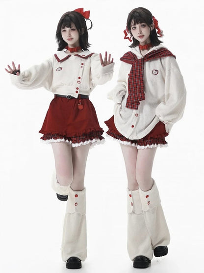 Regular/Thicken White Knit Crop Sweatshirt with Red Plaid Collar and Apple Embroidery