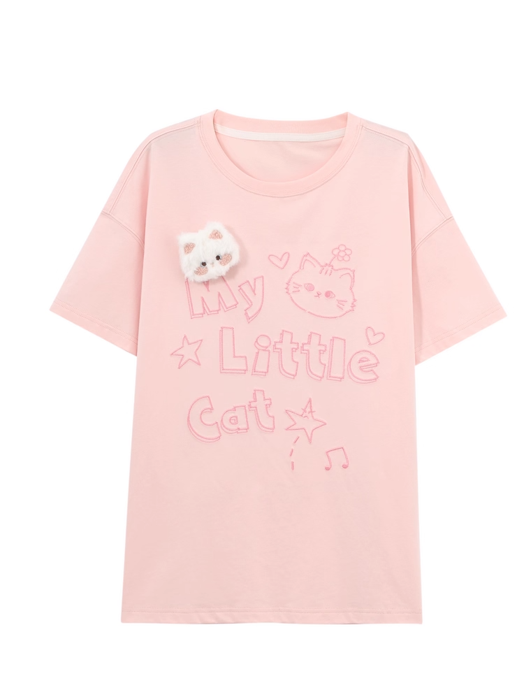 Pink/Mint Blue Round Neck Kitty Print Loose T-shirt with Kitty Plushie