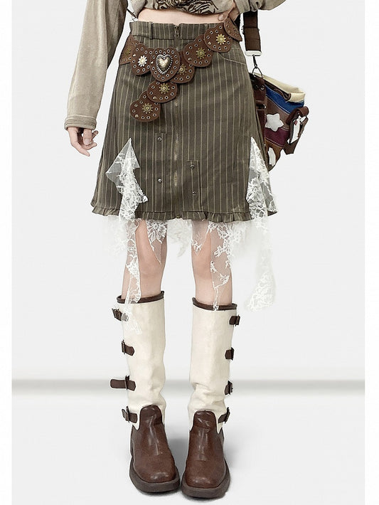 Army Green Millard Fashion Striped Pattern Contrast Lace Patches Cascading Ruffle Accents Skirt