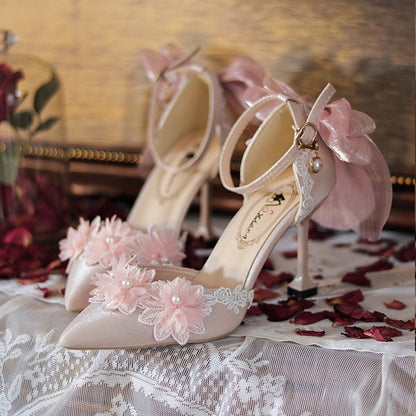 Pink Floral and Bowknot Pointed Toe Hime Lolita High Heels