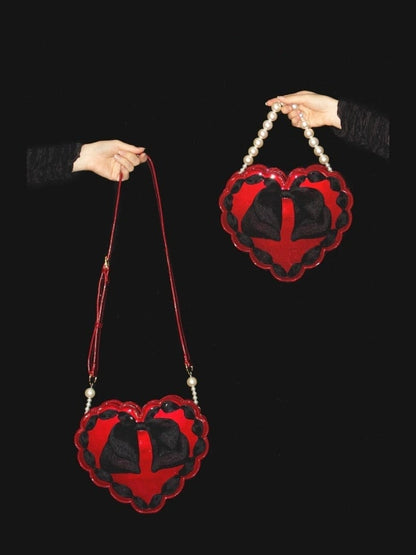 Red Heart-Shaped Lolita Bag with Black Bow & Pearl Handle
