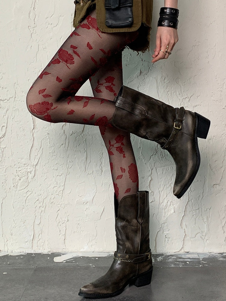 Black&Red Gothic Rosette Pattern Tights