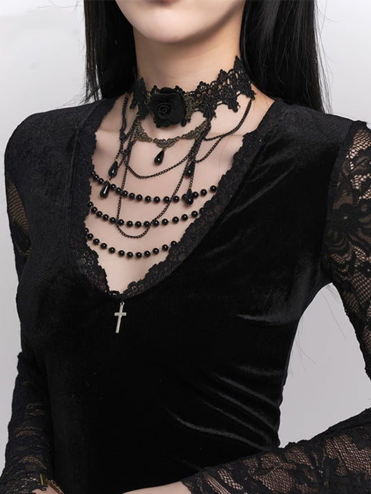 Gothic Black Chain Design Rosette Lace Choker