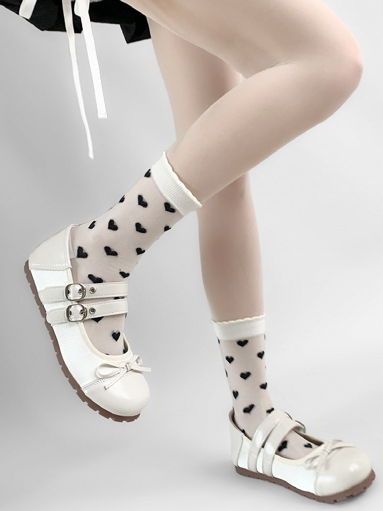 White&Black/Purple Heart Embroidery Ribbed Trim Calf Socks