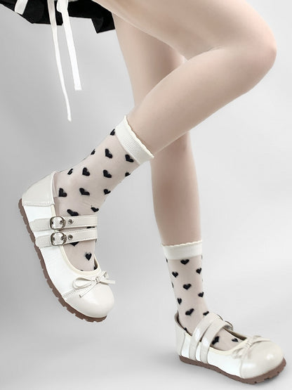 White&Black/Purple Heart Embroidery Ribbed Trim Calf Socks