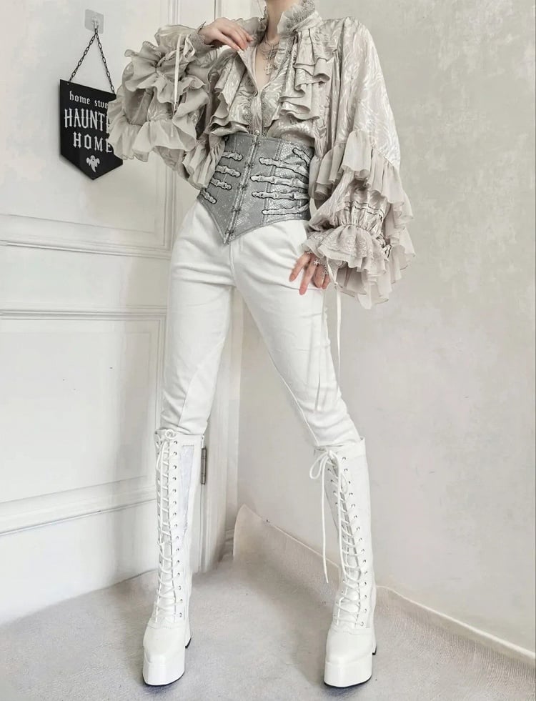 Silver Gothic Lolita Hand bone Embroidery Snakeskin-grain Leather Corset Belt