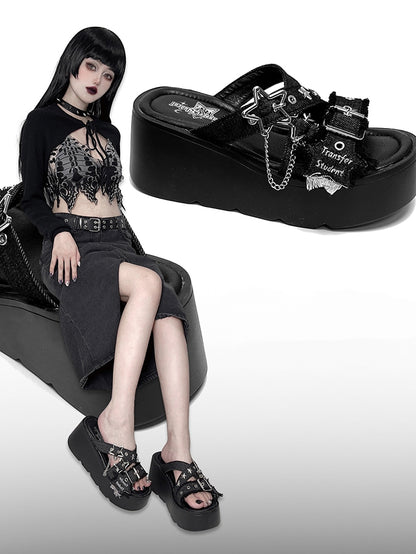 Star-shaped Buckles and Studs Black Denim Punk Platform Slippers