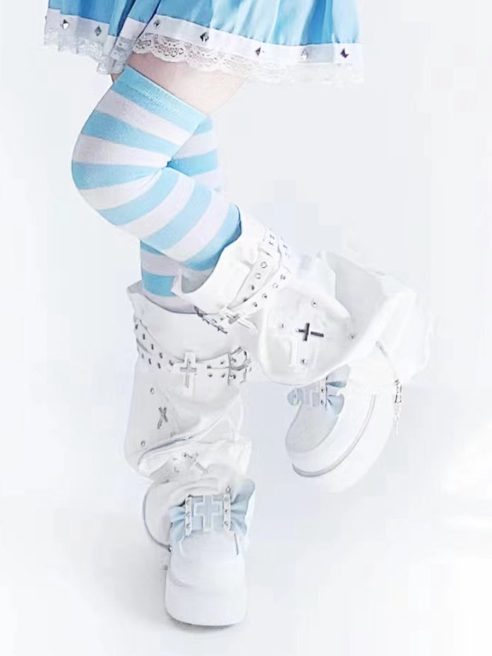 Punk Cross Wings White and Blue Jirai Kei Platforms High Block Heel