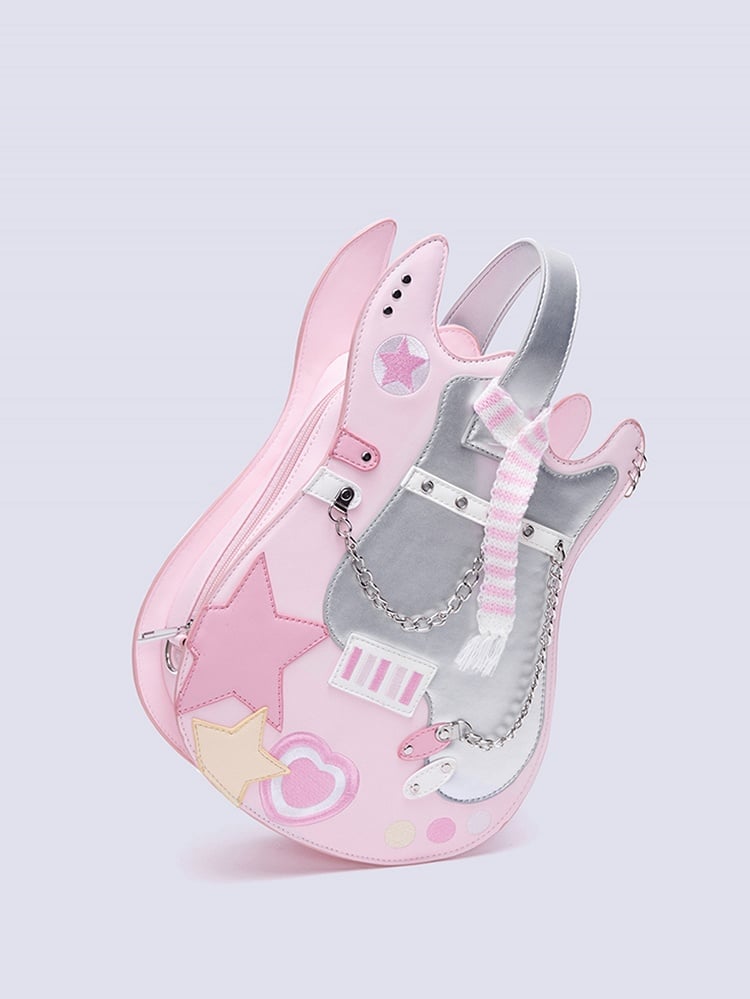 Pink & Silver Star Design Sweetheart Embroidered Guitar-shaped Bag