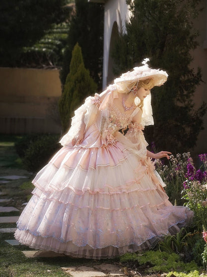 Clearance-Size S for Bust 80CM Pink Corset Bodice Hanayome Hime Lolita Floral Embroidery Layered Floor Length Dress Long Version