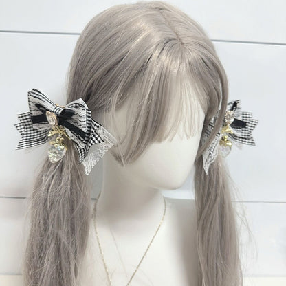 Sweet Lolita Strawberry Charm Heart Rhinestone Pink/Blue/Wine Red/Black Bow Hairclips