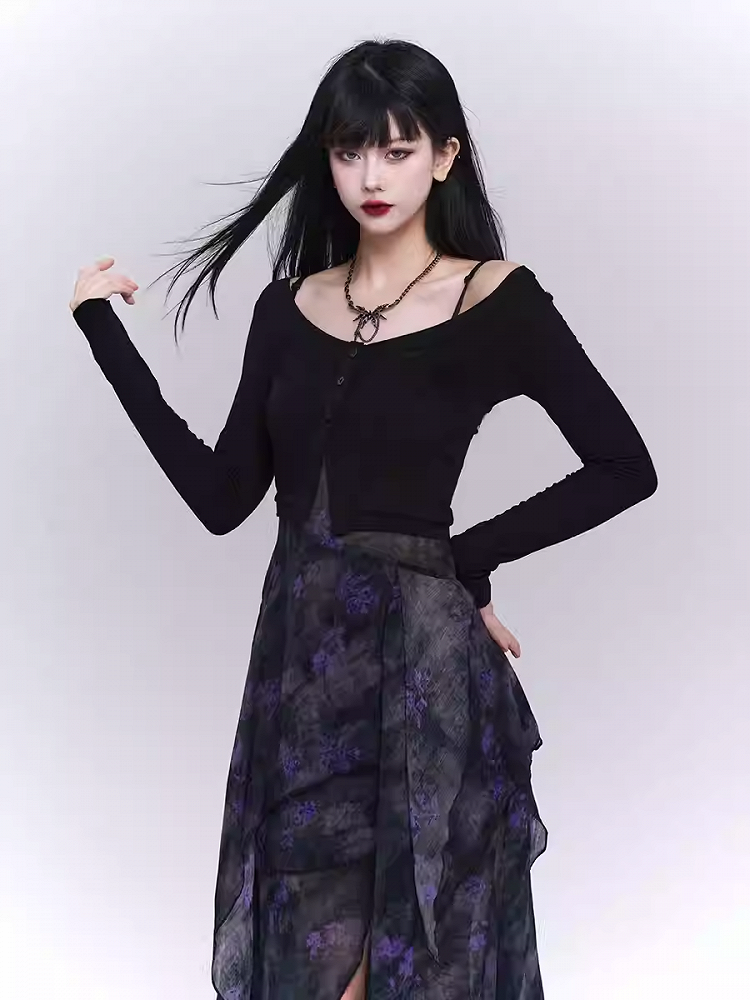 Black Slim-fitting Knitted Cropped Cardigan