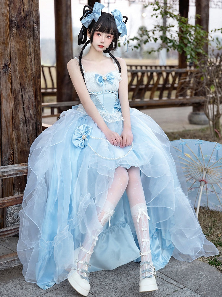 Plus Sizes Available Blue Princess Lolita Boned Waist Top + High-low Cascading Flounce Skirt