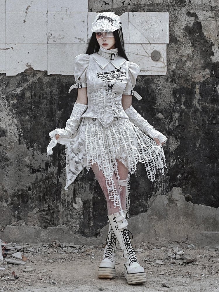 White Punk Distressed Holes Handkerchief Hem Skirt with Detachable Overlay