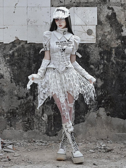 White Punk Distressed Holes Handkerchief Hem Skirt with Detachable Overlay