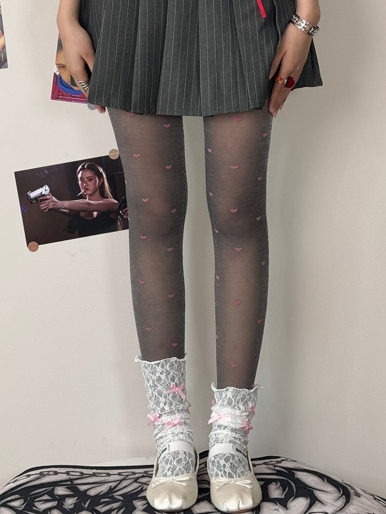 Black&Purple/Gray&Pink Heart Pattern Tights