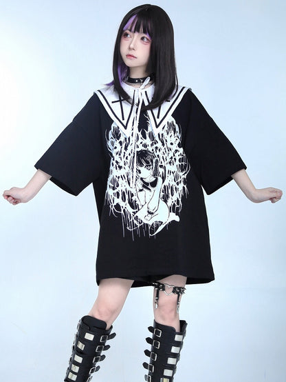 Black Jirai Kei Oversized Cartoon Girl Print T-shirt