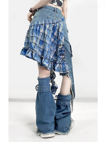 Blue Bittersweet Glamorous Set- Asymmetrical Hem Shorts + Plaid Pattern Star Print Skirt + Cross Applique Leg Warmers