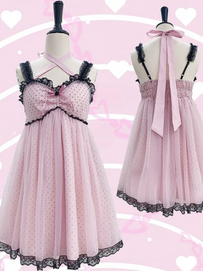 Gyaru Fashion Pink and Black Polka-dot Pattern Lace Trim Self-tie Halter Neck Slip Dress