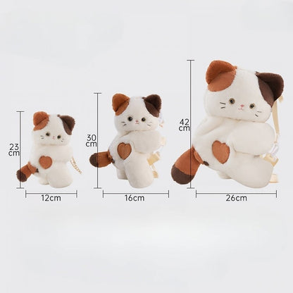 White Cute Kitty Heart Plush Backpack/Crossbody Bag + Red Apple Hat + Apple Backpack Keychian Middle/Large Size