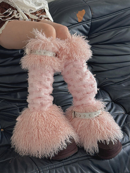 Pink Bowknot Stud Buckle Strap Shaggy Leg Warmers