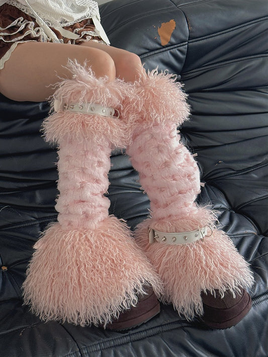 Pink Bowknot Stud Buckle Strap Shaggy Leg Warmers